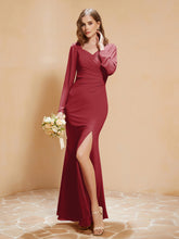 V-neck Pleated Mermaid Chiffon Dress With Silt Burgundy