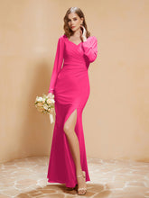 V-neck Pleated Mermaid Chiffon Dress With Silt Fuchsia Plus Size