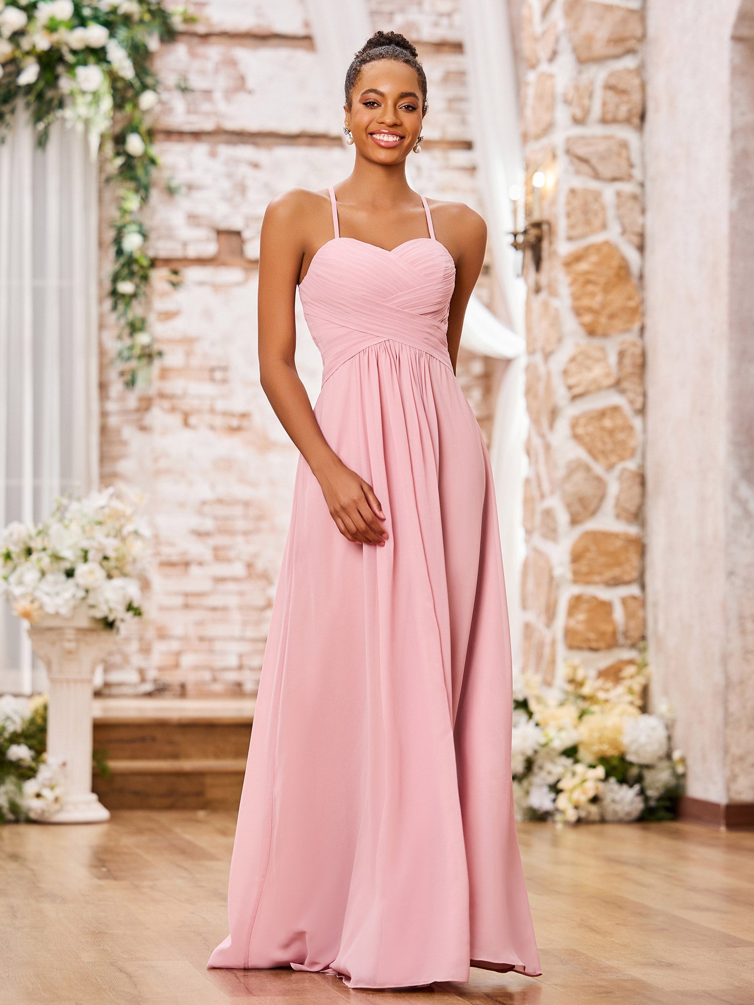 Simple Chiffon Dress with Spaghetti Straps Dusty Rose Plus Size main image 0
