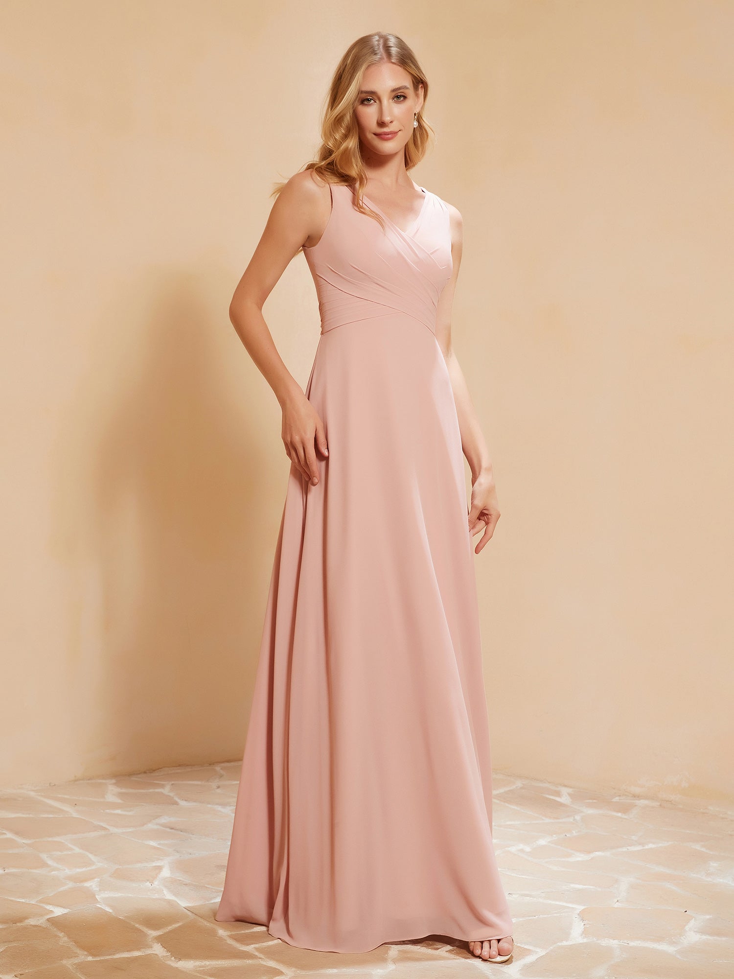 BABARONI Pleated V-Neck Chiffon A-Line Dress with Bow Dusty Rose, Dusty Rose / US0 BABARONI Pleated V-Neck Chiffon A-Line Dress with Bow Dusty Rose, Dusty Rose / US0