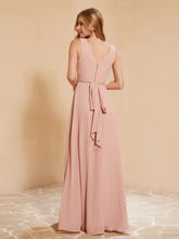 Pleated V-neck Chiffon A-line Dress With Bow Dusty Rose