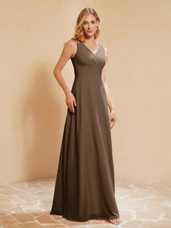 Pleated V-neck Chiffon A-line Dress With Bow Brown