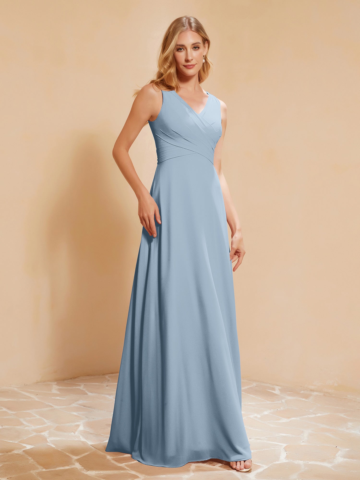 Pleated V-neck Chiffon A-line Dress With Bow Dusty Blue Plus Size