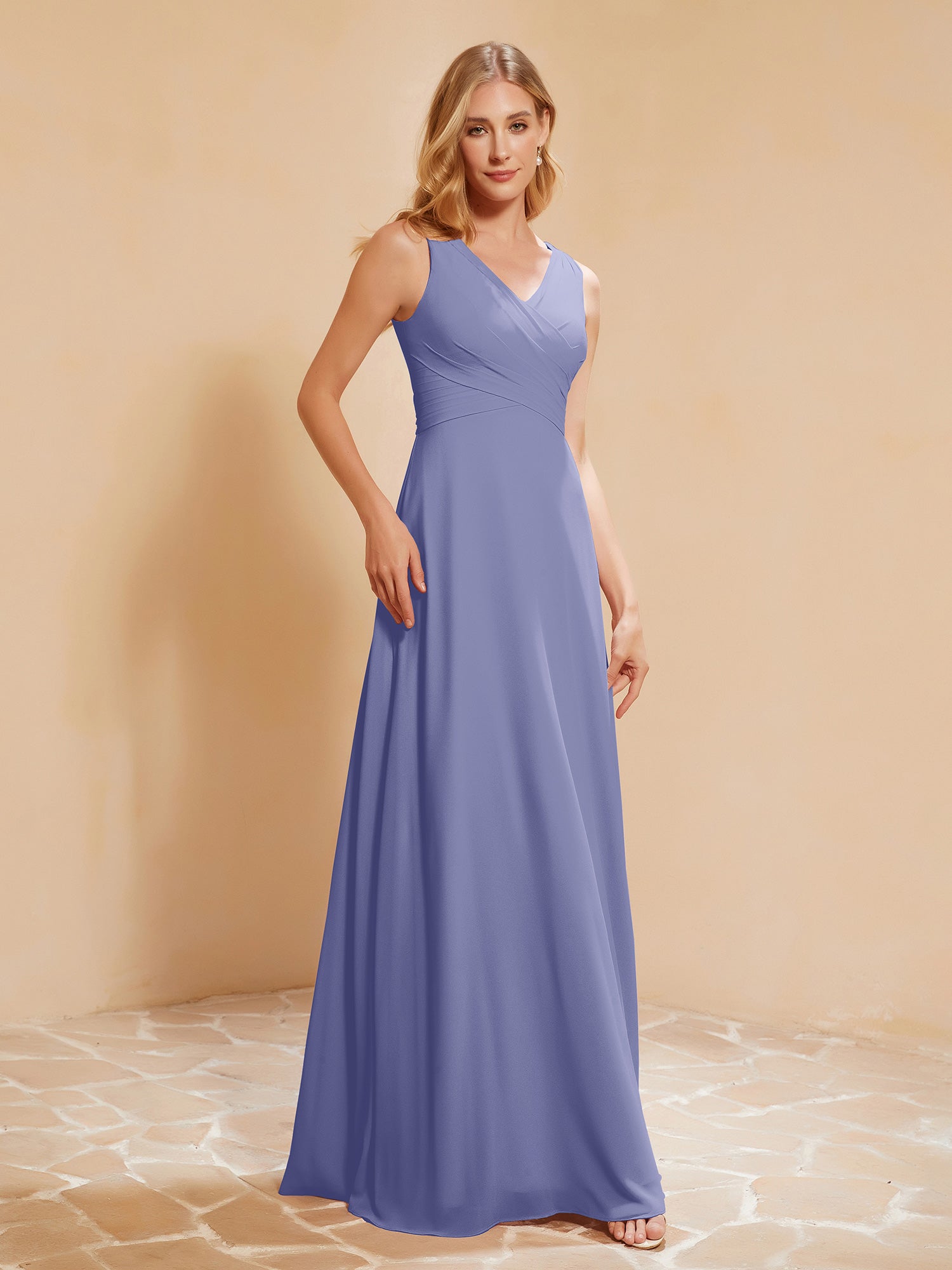 BABARONI Chiffon Periwinkle Bridesmaid Dresses V-neck Floor-length