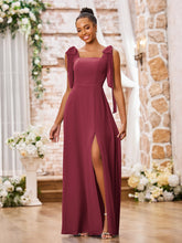 Double Bows Straps Square Neck Chiffon Dresses with Slit Cinnamon Rose