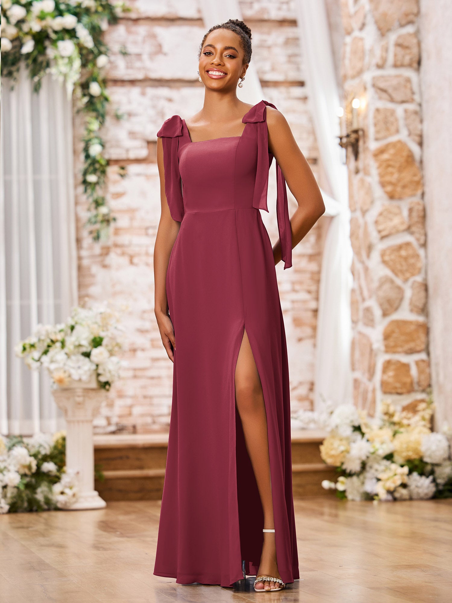 BABARONI Chiffon Cinnamon Rose Bridesmaid Dresses Square Floor-length