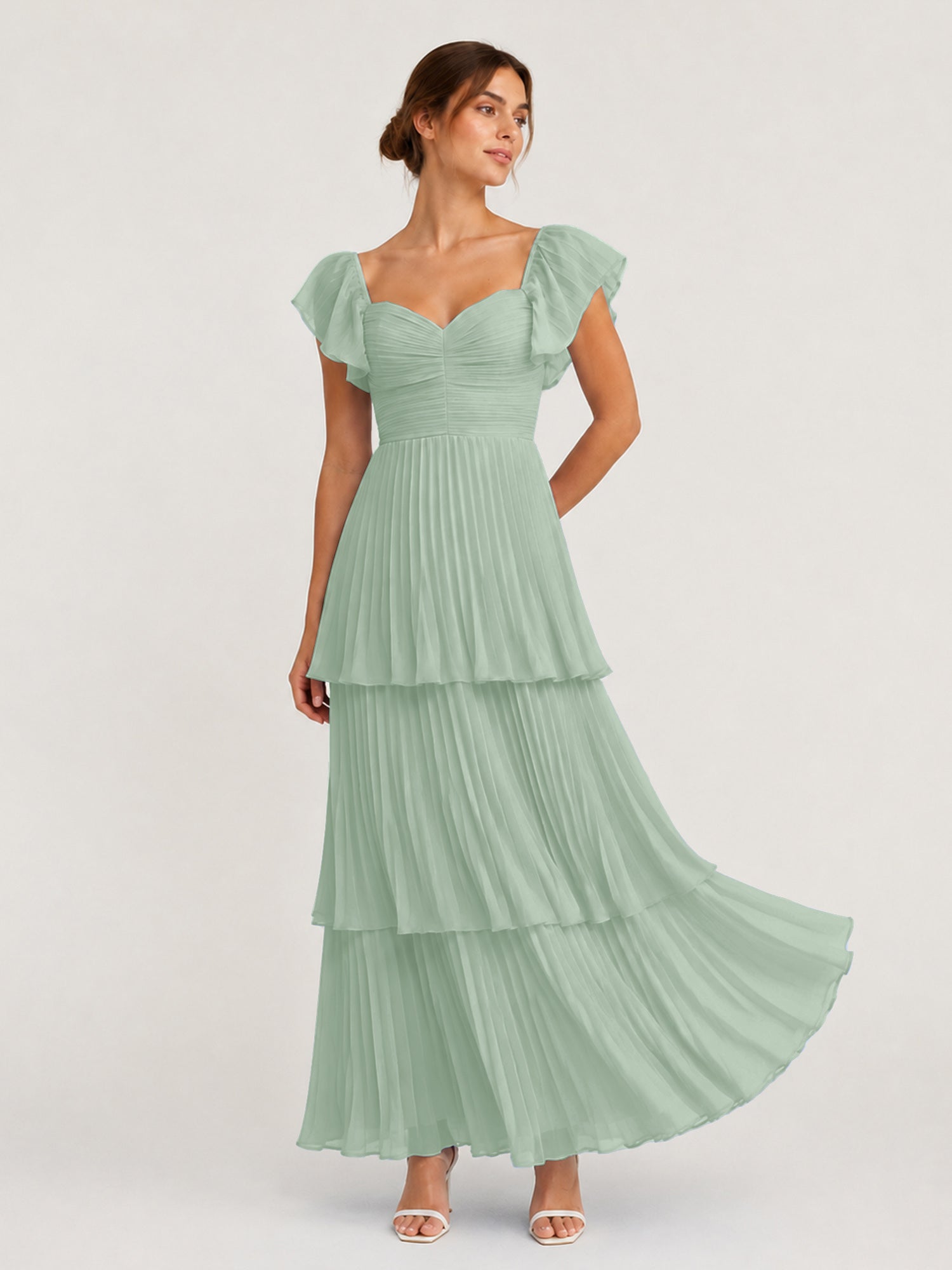 Chiffon Agave Bridesmaid Dresses Flutter Sleeves Tea-length Sweetheart A-line, Agave / US0