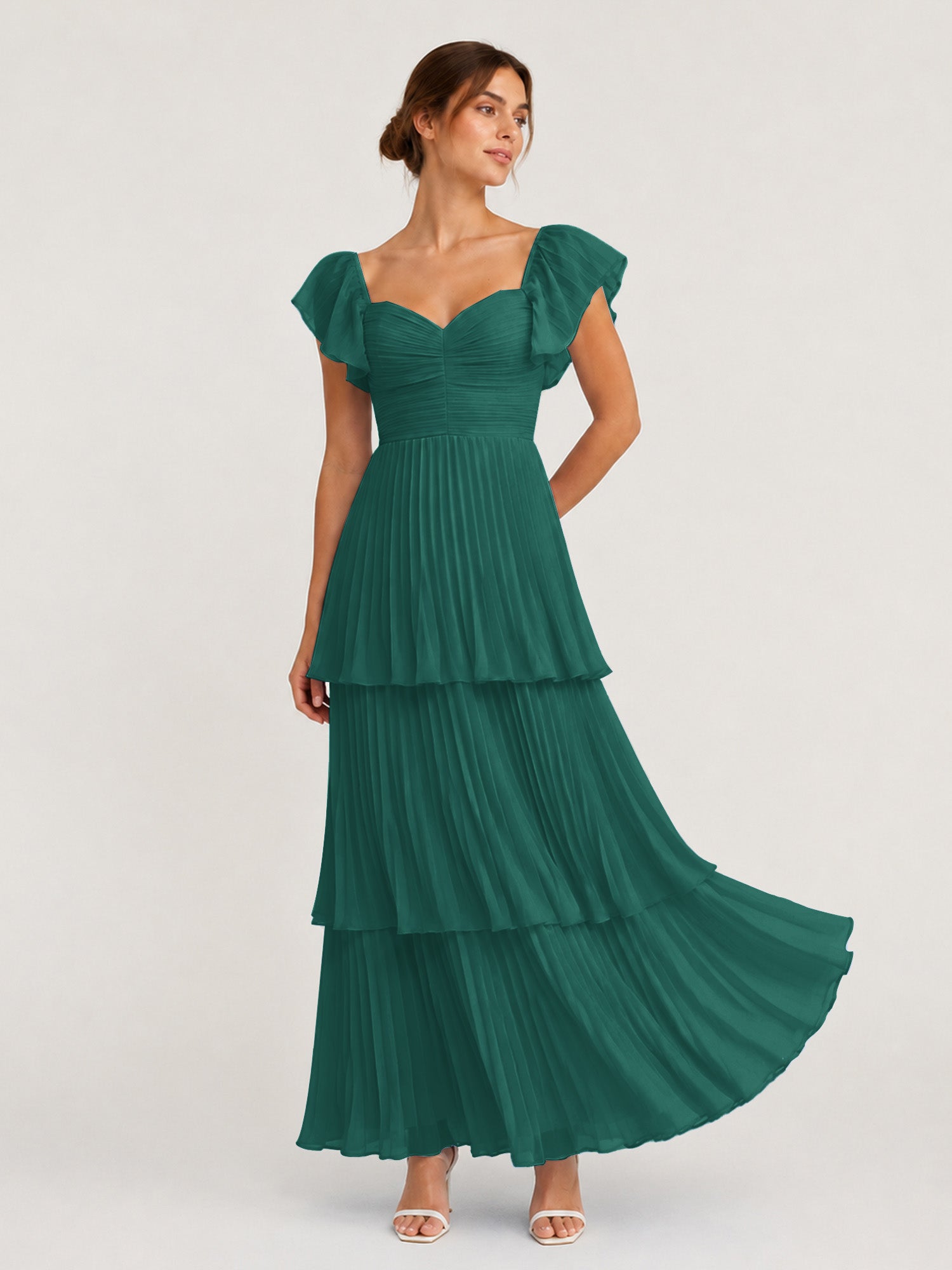 peacock teal bridesmaid dresses Chiffon Flutter Sleeves Tea-length Sweetheart A-line, Peacock / US0 Aug26All
