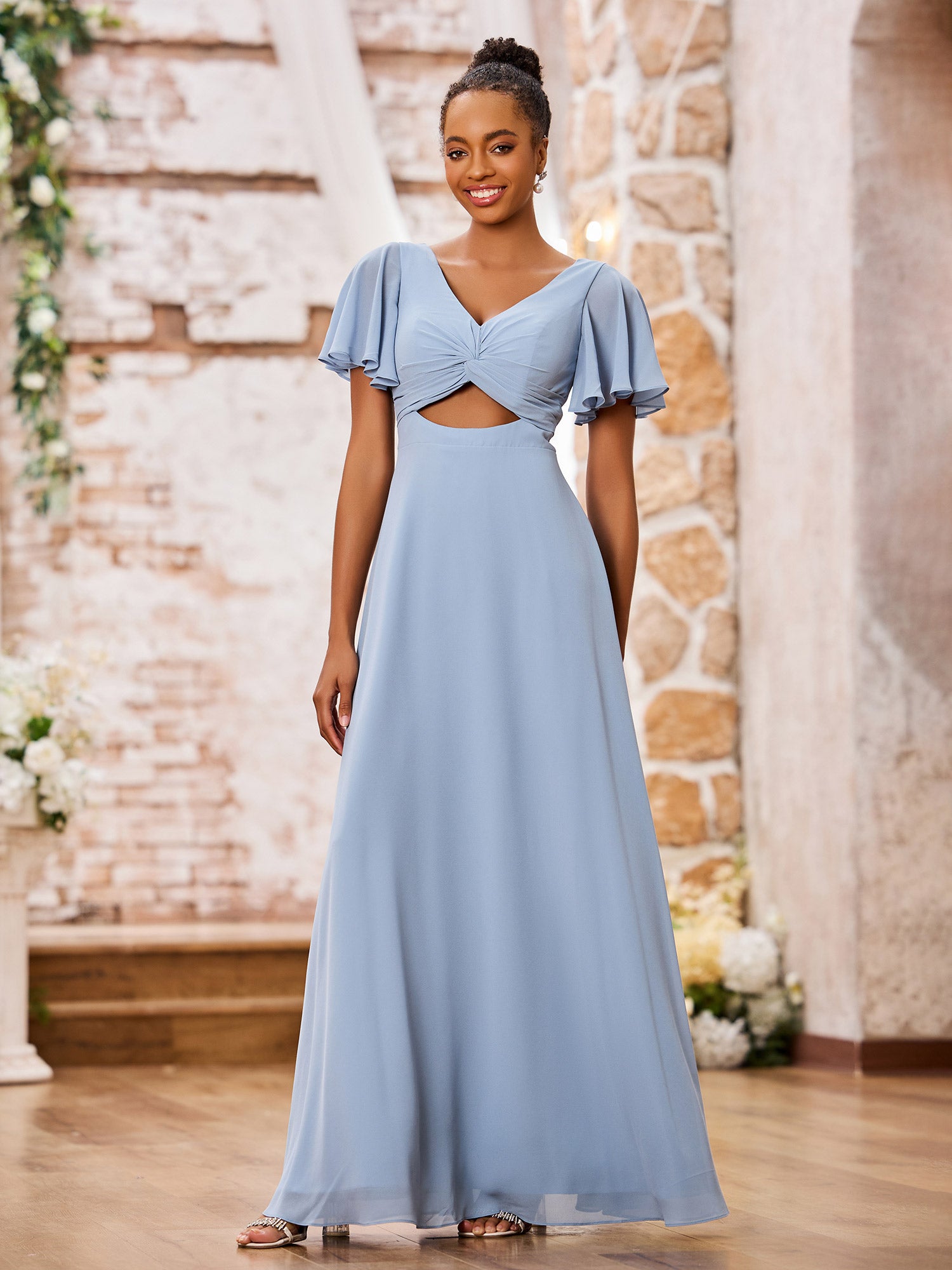 BABARONI Chiffon Dusty Blue Bridesmaid Dresses V-neck Floor-length Flutter Sleeves Pleated A-line, Dusty Blue / US0