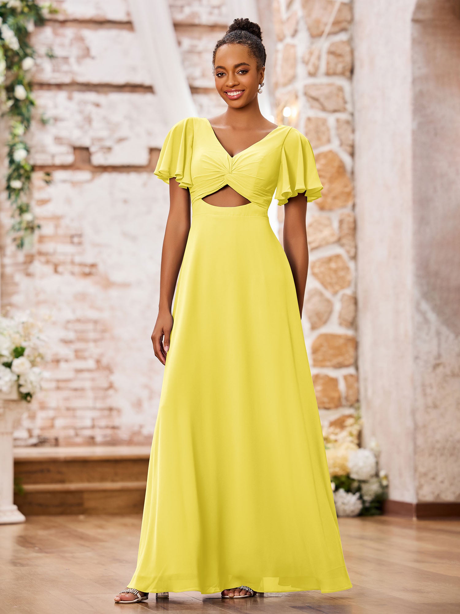 BABARONI Chiffon Lemon Bridesmaid Dresses V-neck Floor-length Flutter