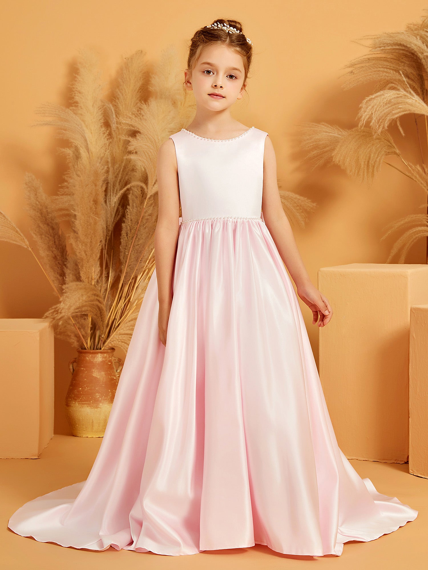 Elegant A-Line Bow Satin Dress with Pearl Dusty Rose