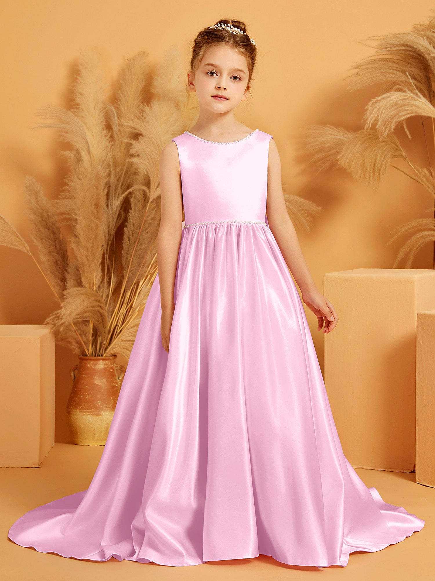 Elegant A-Line Bow Satin Dress with Pearl Ocean Blue