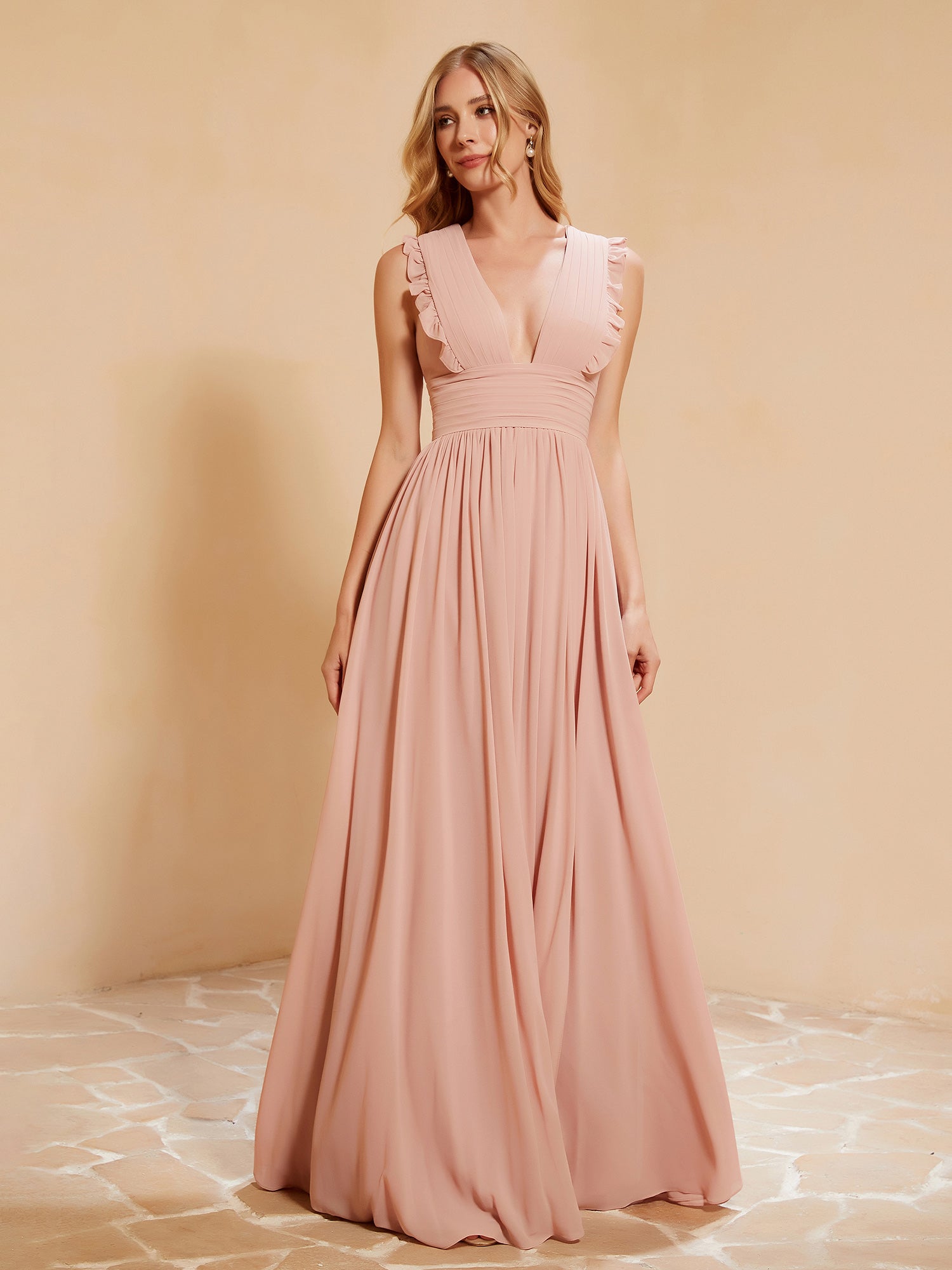 BABARONI Chiffon Dusty Rose Bridesmaid Dresses Plunging V-Neck Floor-length Sleeveless Ruffle with Bow A-line BABARONI Chiffon Dusty Rose Bridesmaid Dresses Plunging V-Neck Floor-length Sleeveless Ruffle with Bow A-line