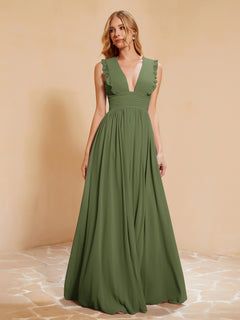Plunging V-neck Ruffles Pleated Dress With Silt Olive Green
