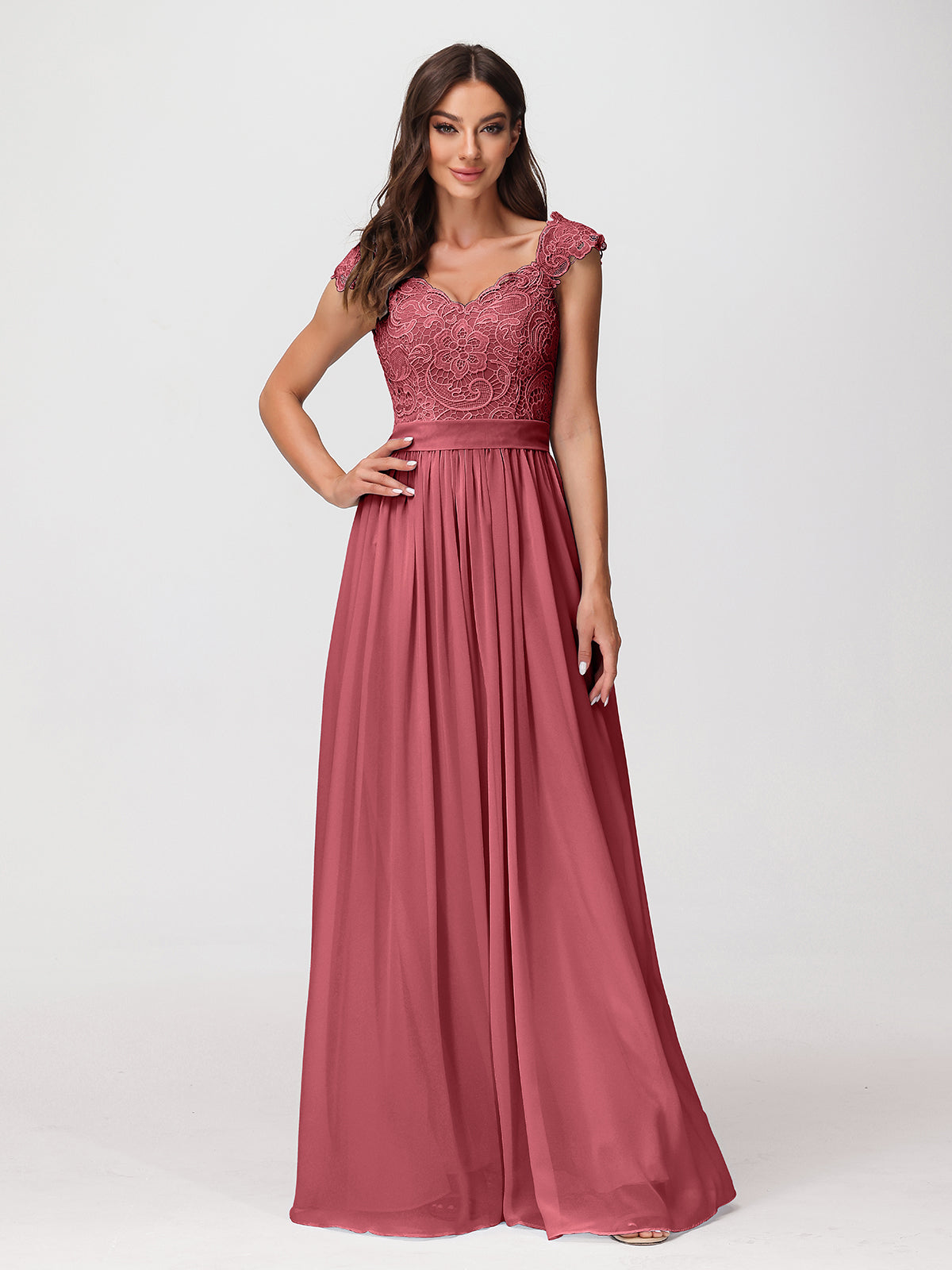 cinnamon rose satin bridesmaid dresses BABARONI Long Chiffon Dress with Lace Appliqued Bodice-Cinnamon Rose Plus Size, Cinnamon Rose / US18