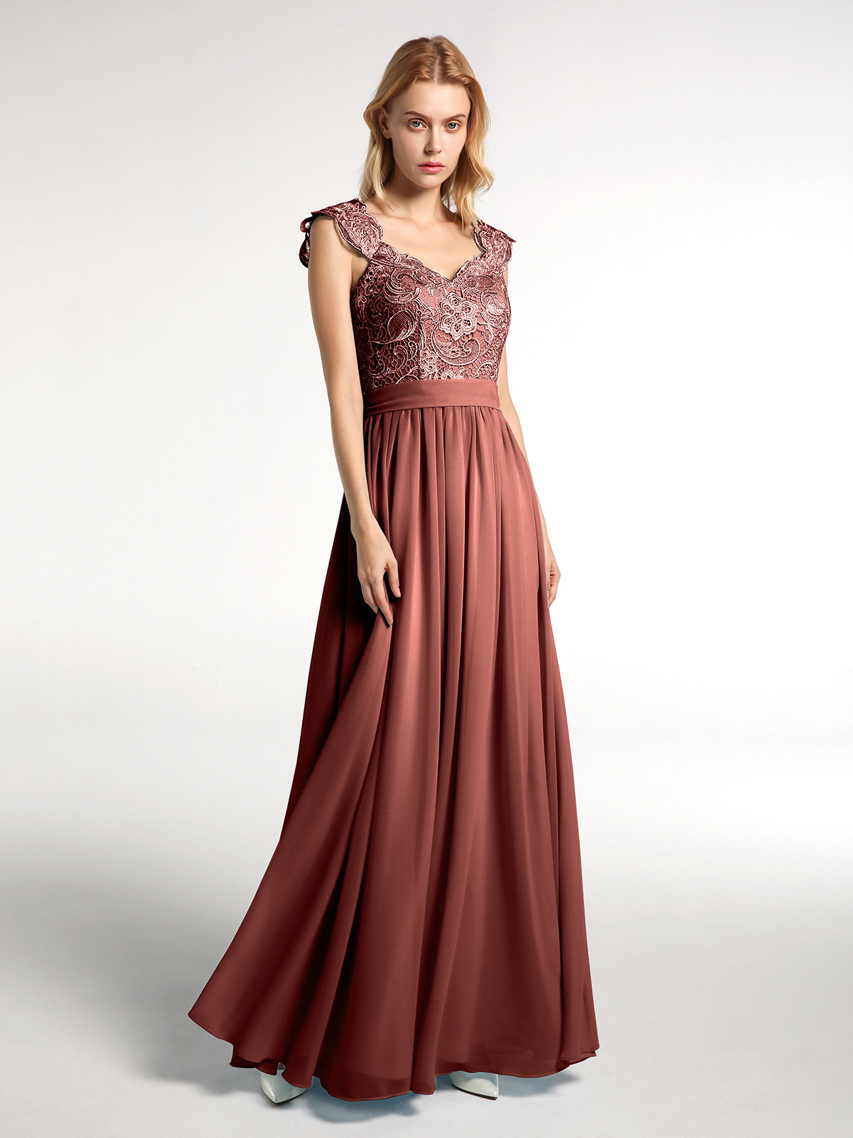 BABARONI Long Chiffon Dress with Lace Appliqued Bodice-Terracotta Plus Size, Terracotta / US18 BABARONI Long Chiffon Dress with Lace Appliqued Bodice-Terracotta Plus Size, Terracotta / US18