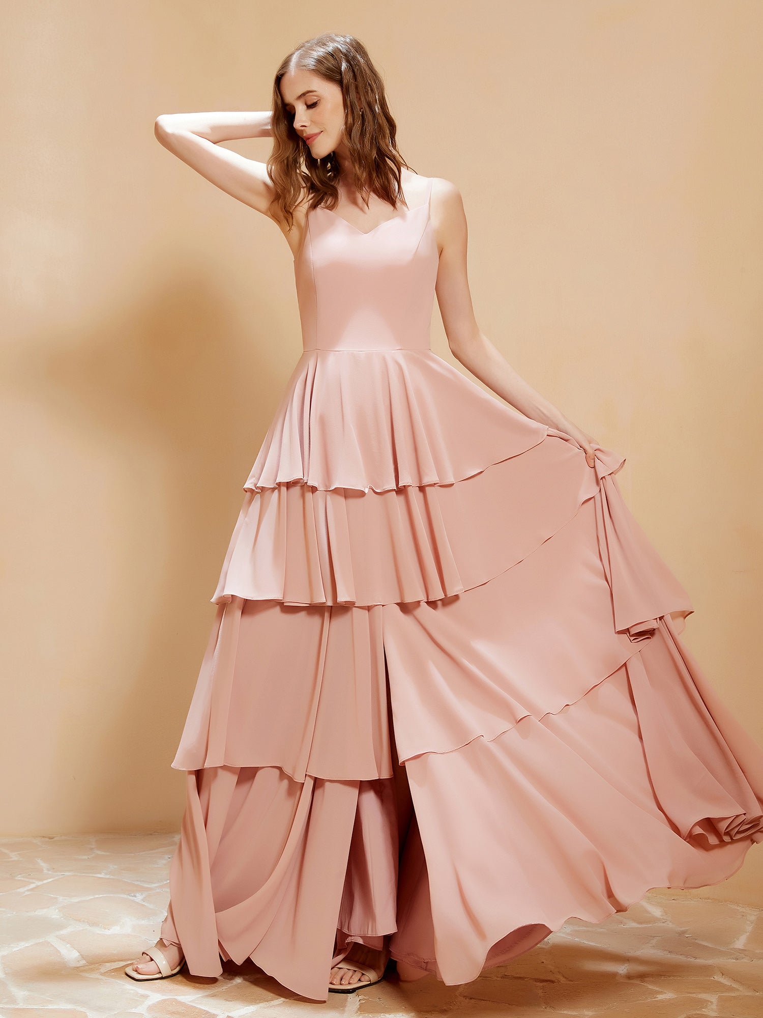 knee length dresses for ladies BABARONI Boho V-Neck Floor-Length Dress Flowy Ruffles Dusty Rose, Dusty Rose / US0