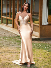 Plunging V-Neck Appliqued Stretch Satin Mermaid Dress Champagne