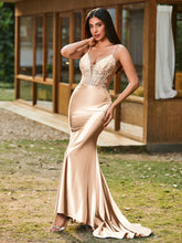 Plunging V-Neck Appliqued Stretch Satin Mermaid Dress Champagne