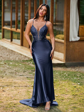 Plunging V-Neck Appliqued Stretch Satin Mermaid Dress Dark Navy