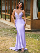 Plunging V-Neck Appliqued Stretch Satin Mermaid Dress Lilac