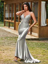Plunging V-Neck Appliqued Stretch Satin Mermaid Dress Silver