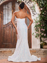 Sparkly Sequins V-neck Sweep Train Mermaid Dresses Ivory