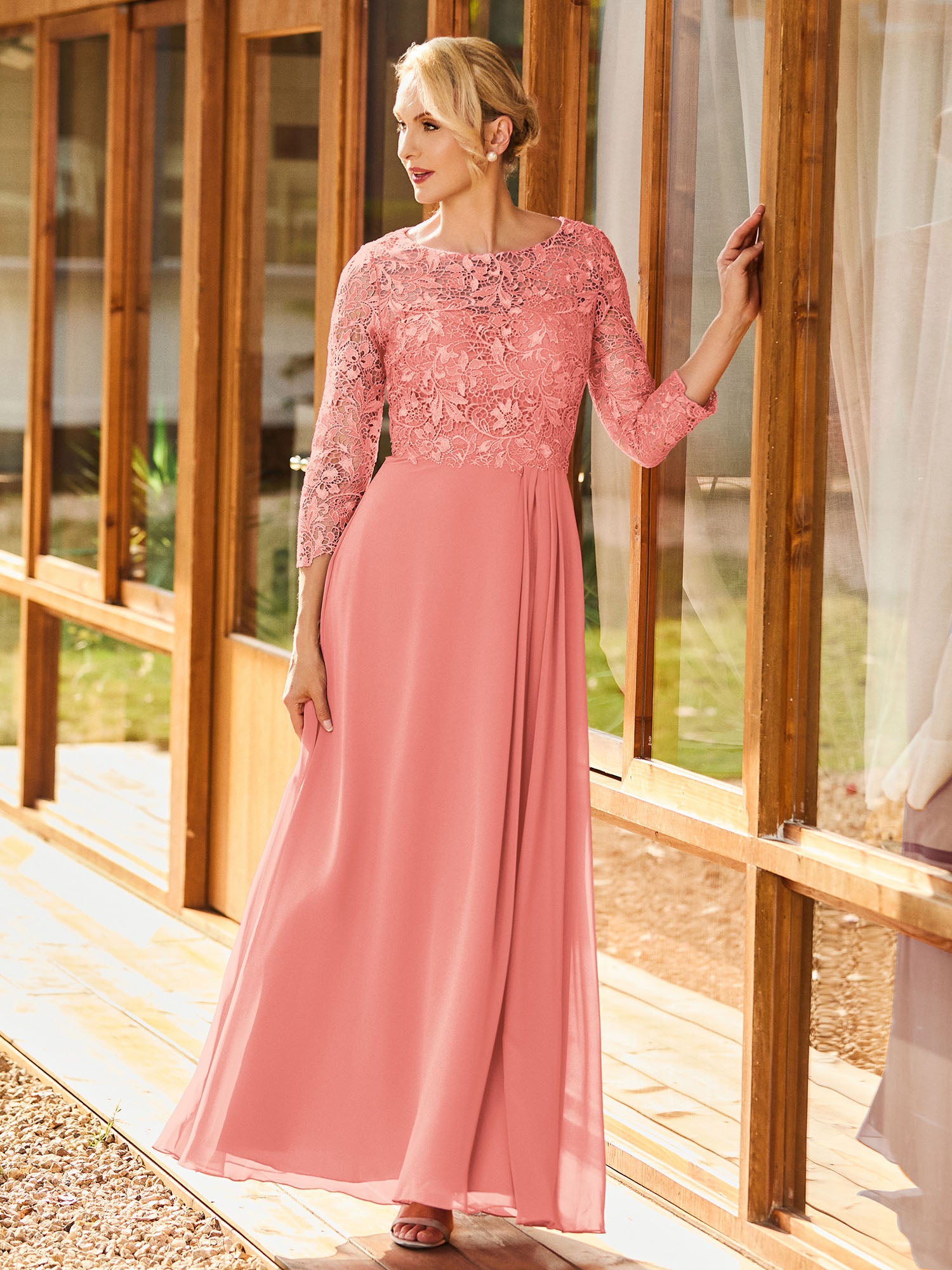 BABARONI Simple Chiffon Mother of The Bride Dress with Long Sleeves and Lace Top