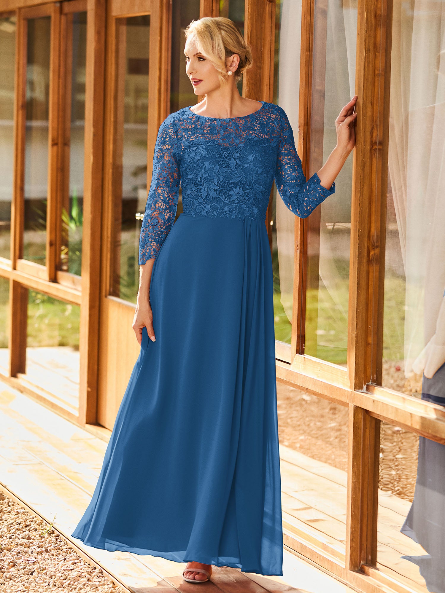 BABARONI Simple Chiffon Mother of the Bride Dress with Long Sleeves and Lace Top BABARONI Simple Chiffon Mother of the Bride Dress with Long Sleeves and Lace Top