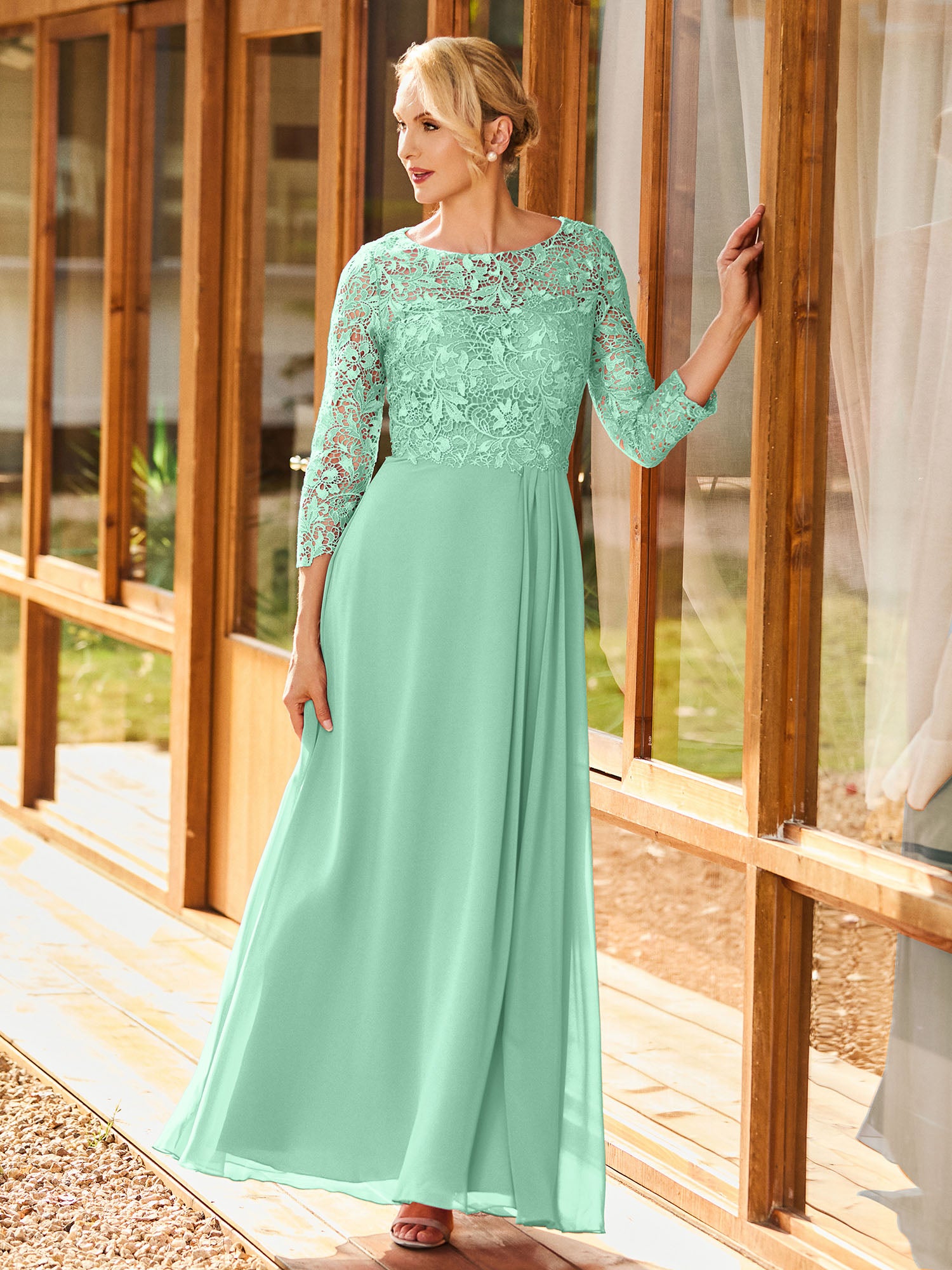 mint green dress mother of the bride BABARONI Simple Chiffon Mother of the Bride Dress with Long Sleeves and Lace Top