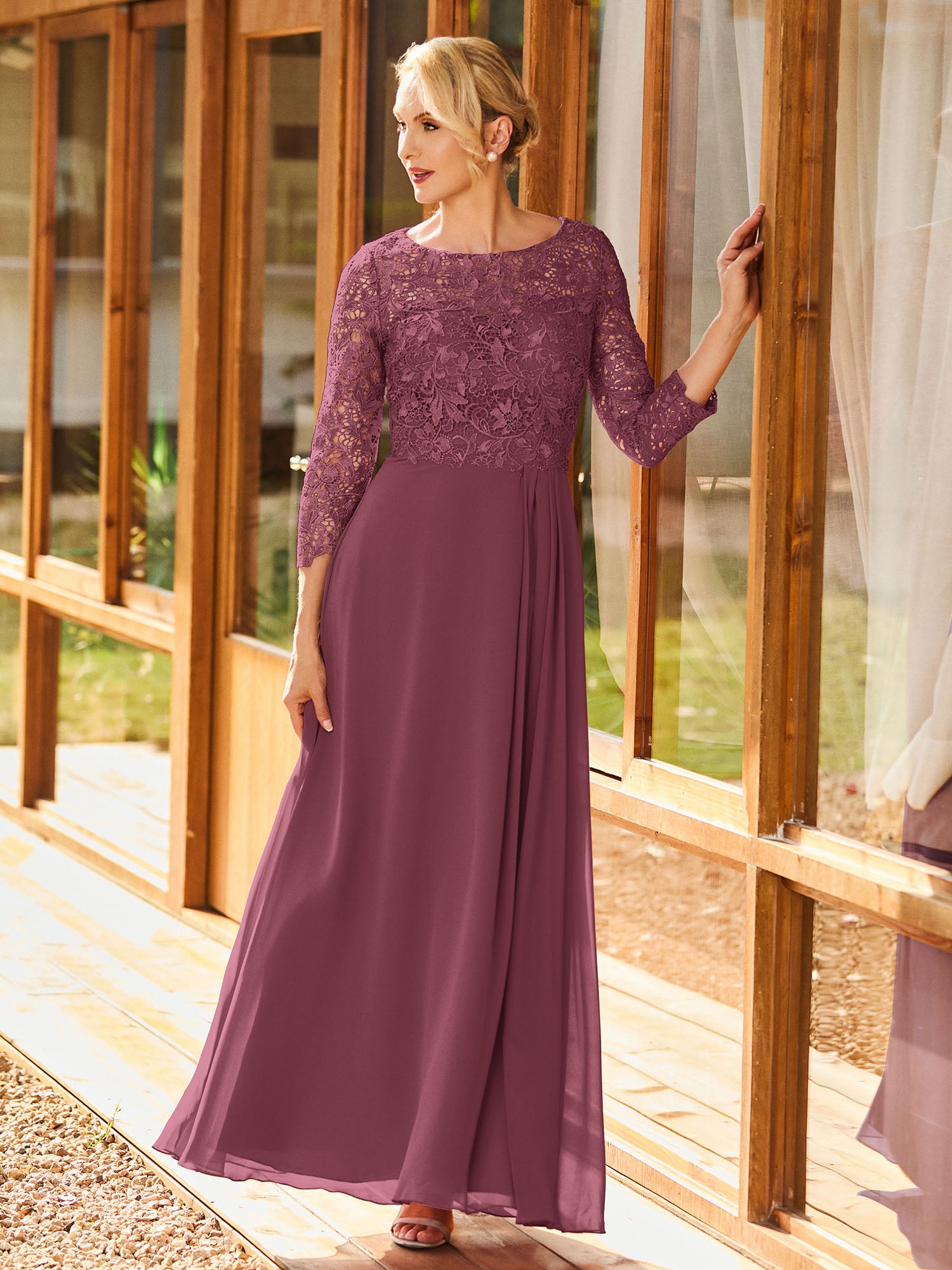 BABARONI Simple Chiffon Mother of the Bride Dress with Long Sleeves and Lace Top