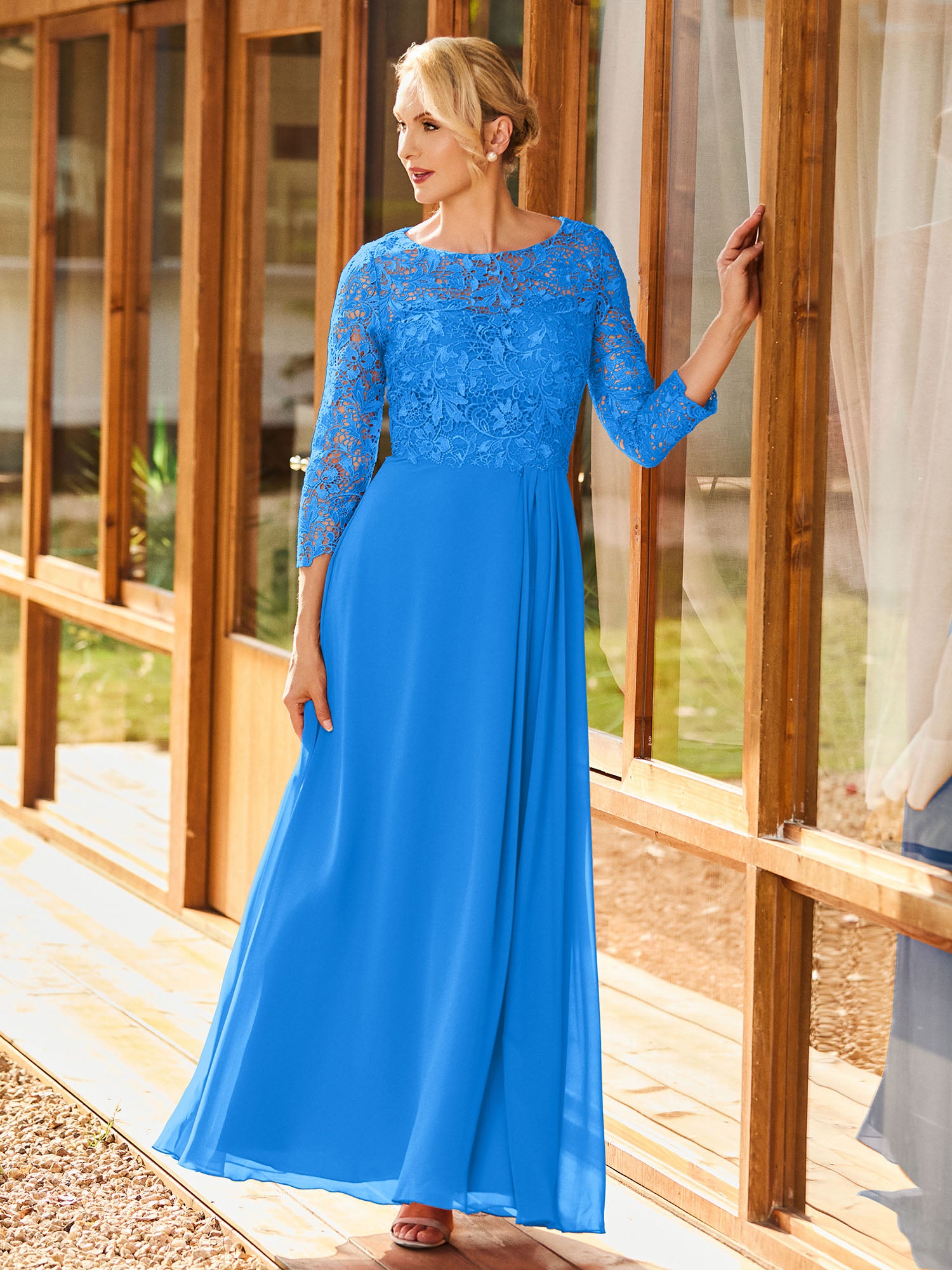 BABARONI Simple Chiffon Mother of the Bride Dress with Long Sleeves and Lace Top