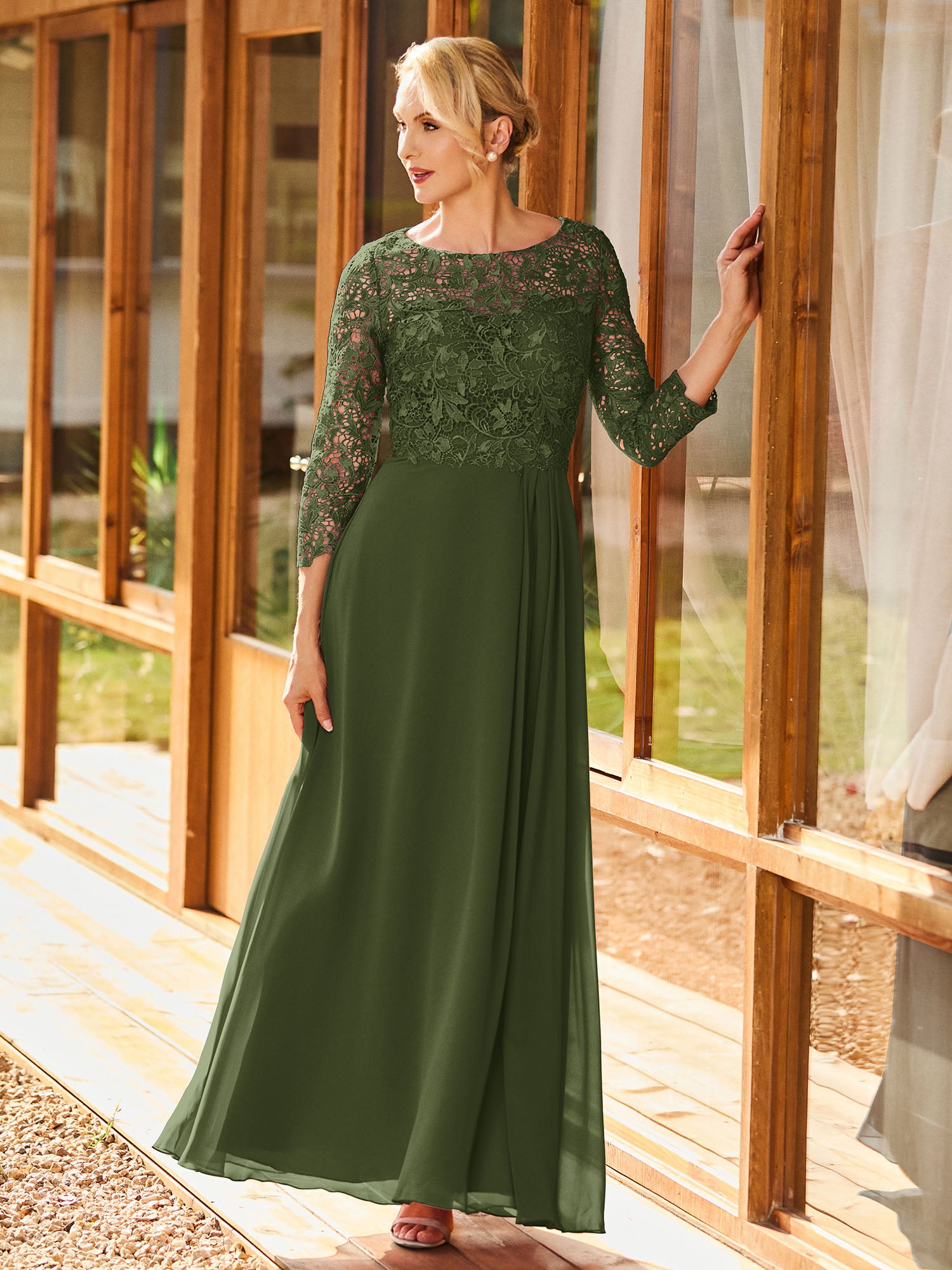 BABARONI Simple Chiffon Mother of the Bride Dress with Long Sleeves and Lace Top BABARONI Simple Chiffon Mother of the Bride Dress with Long Sleeves and Lace Top