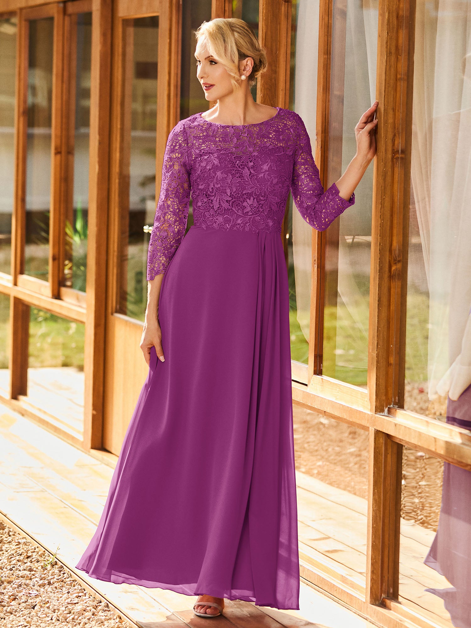 BABARONI Simple Chiffon Mother of The Bride Dress with Long Sleeves and Lace Top