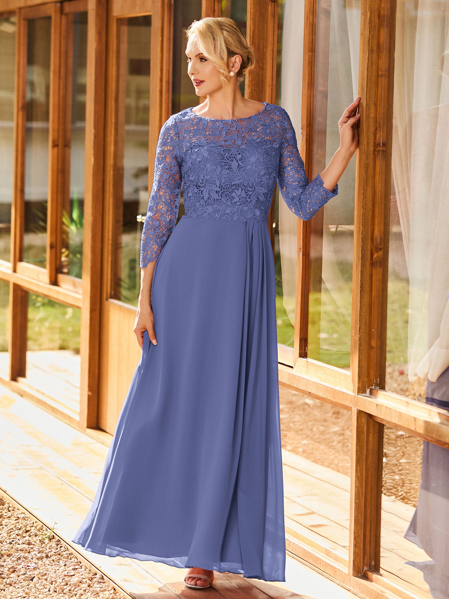 BABARONI Simple Chiffon Mother of The Bride Dress with Long Sleeves and Lace Top