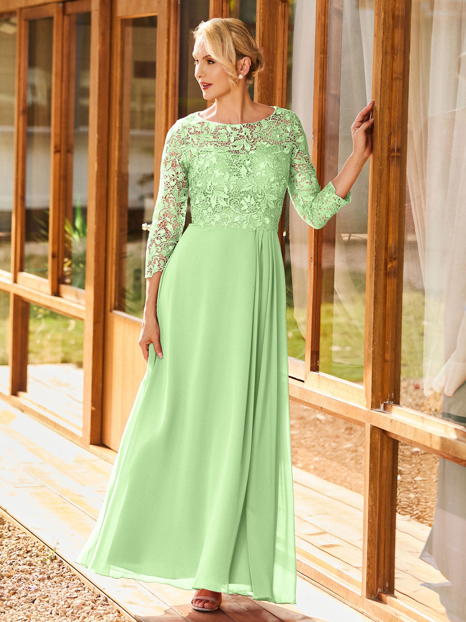 Lace Top A-line Floor-length Chiffon Dress Sage