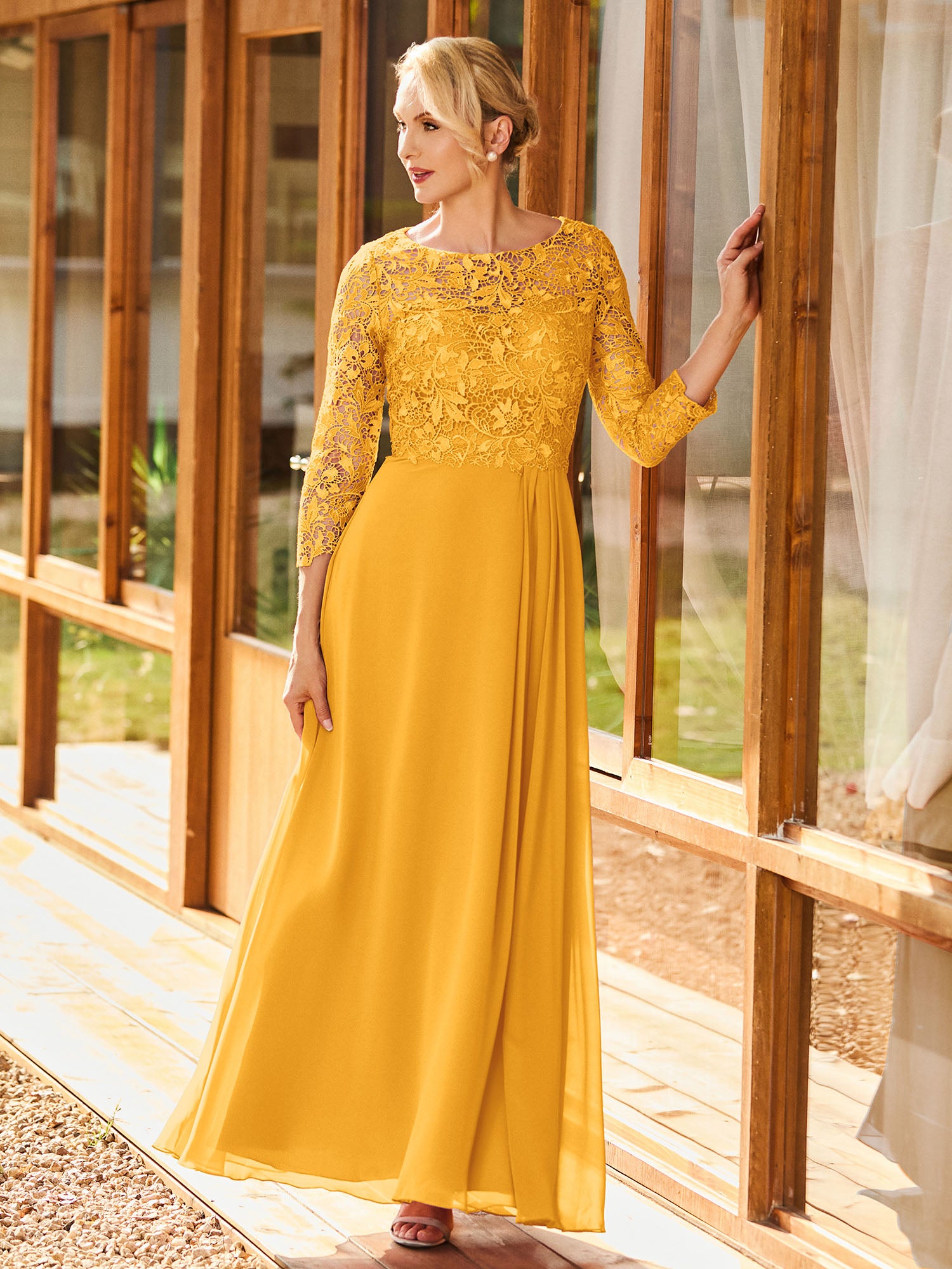BABARONI Simple Chiffon Mother of The Bride Dress with Long Sleeves and Lace Top