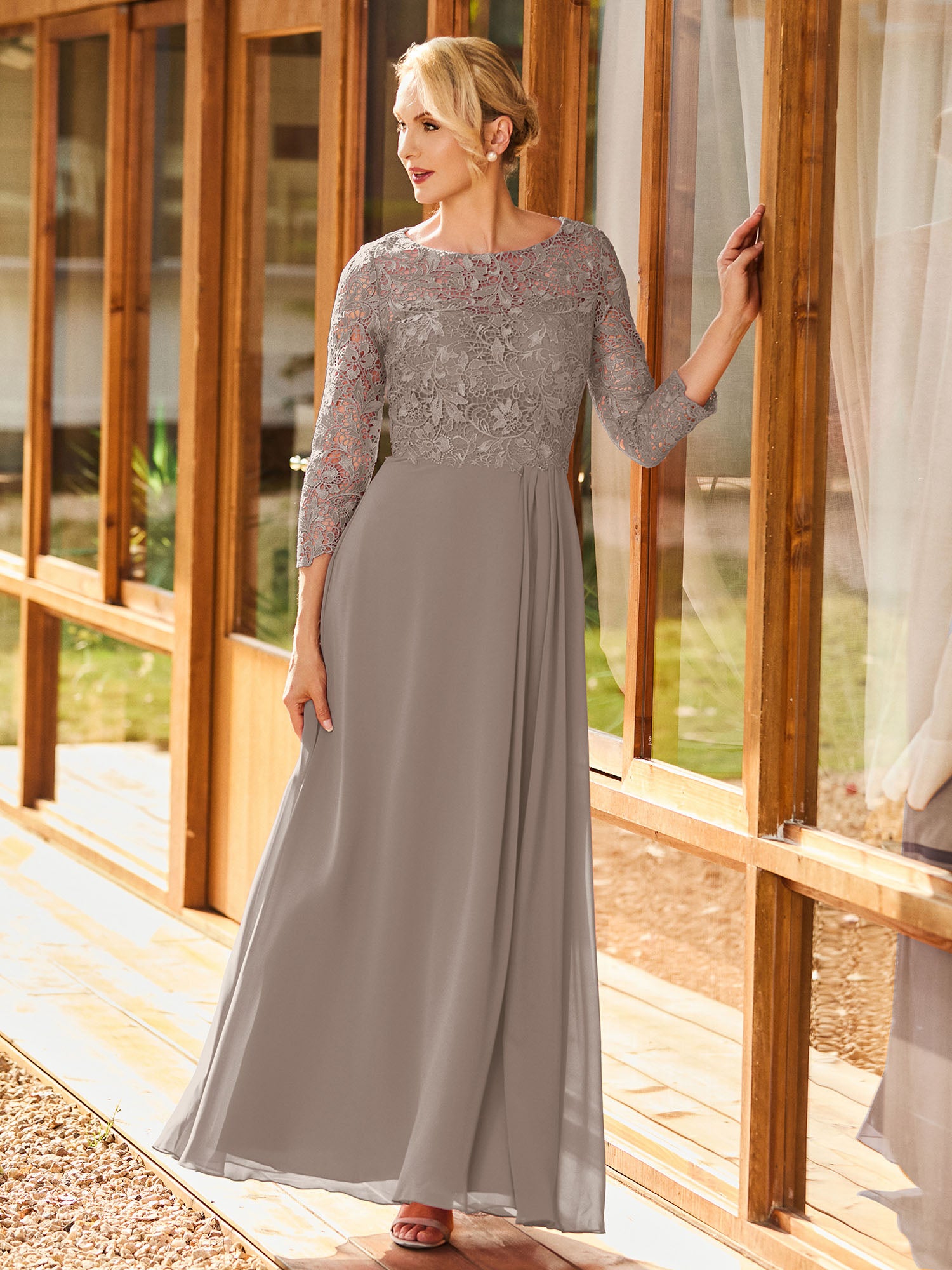 green emerald velvet dress BABARONI Simple Chiffon Mother of The Bride Dress with Long Sleeves and Lace Top