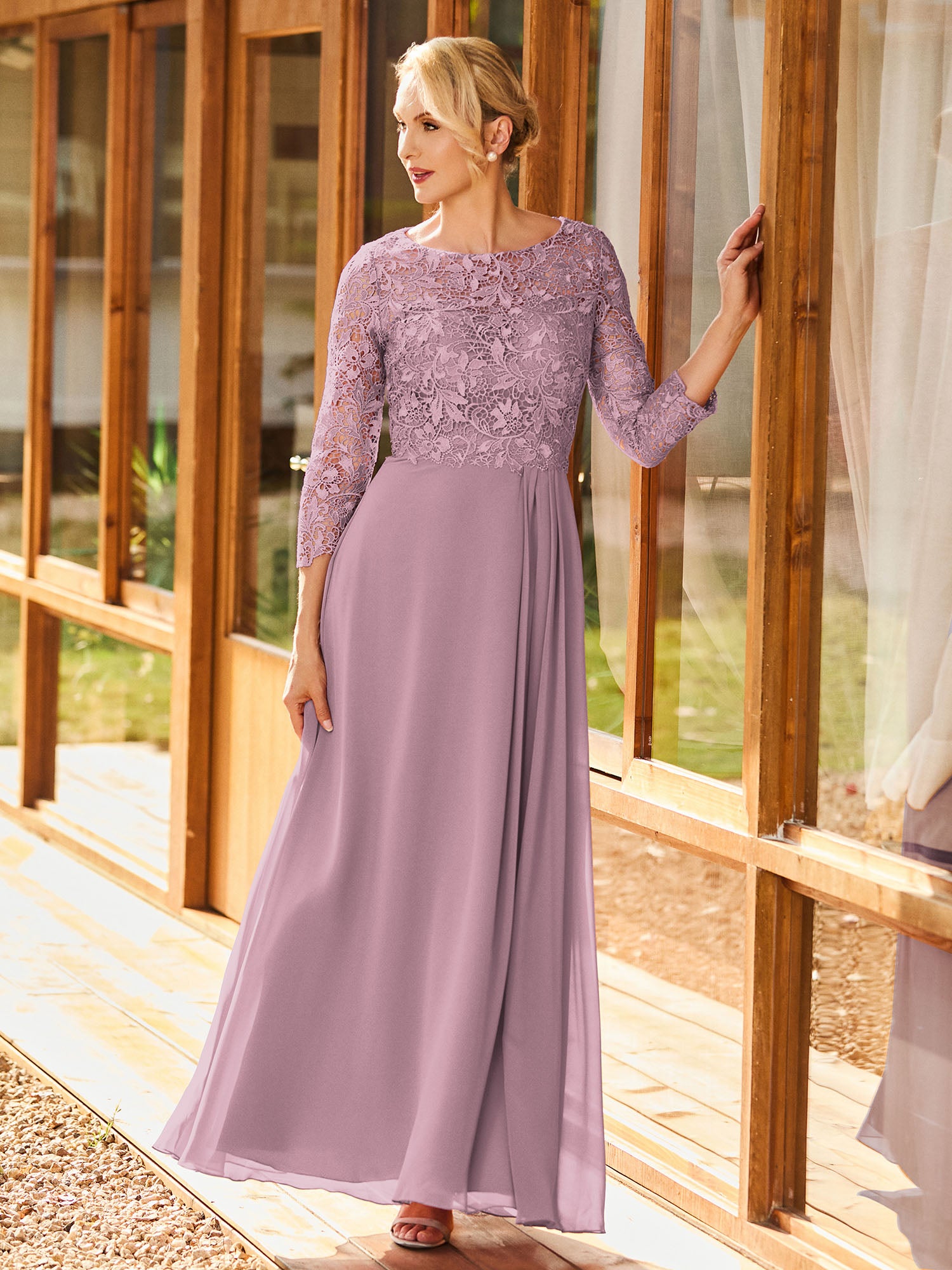 BABARONI Simple Chiffon Mother of the Bride Dress with Long Sleeves and Lace Top BABARONI Simple Chiffon Mother of the Bride Dress with Long Sleeves and Lace Top