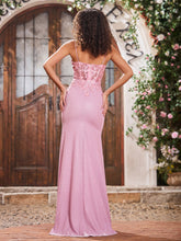 V-neck Appliqued Sheath Corset Bodice Jersey Long Gowns Dusty Rose
