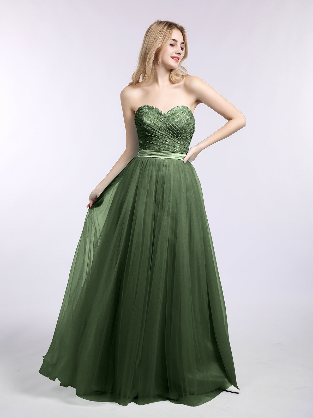 BABARONI Lace and Tulle Long Gown with Sweetheart-Olive Green, Olive Green / US0