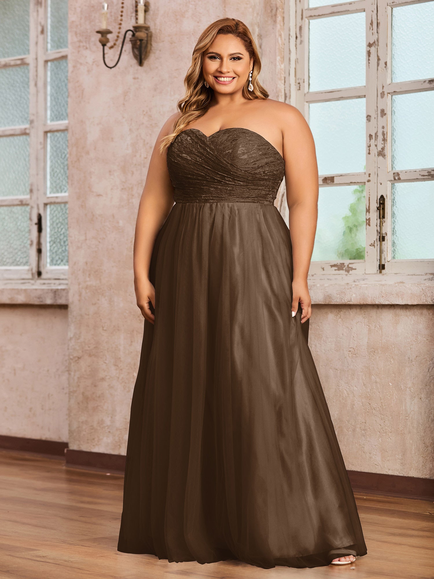 joan brown dress Sweetheart-Brown Plus Size Tulle Lace Bridesmaid Sweetheart Neck Long Strapless Gown second skin fabrication to