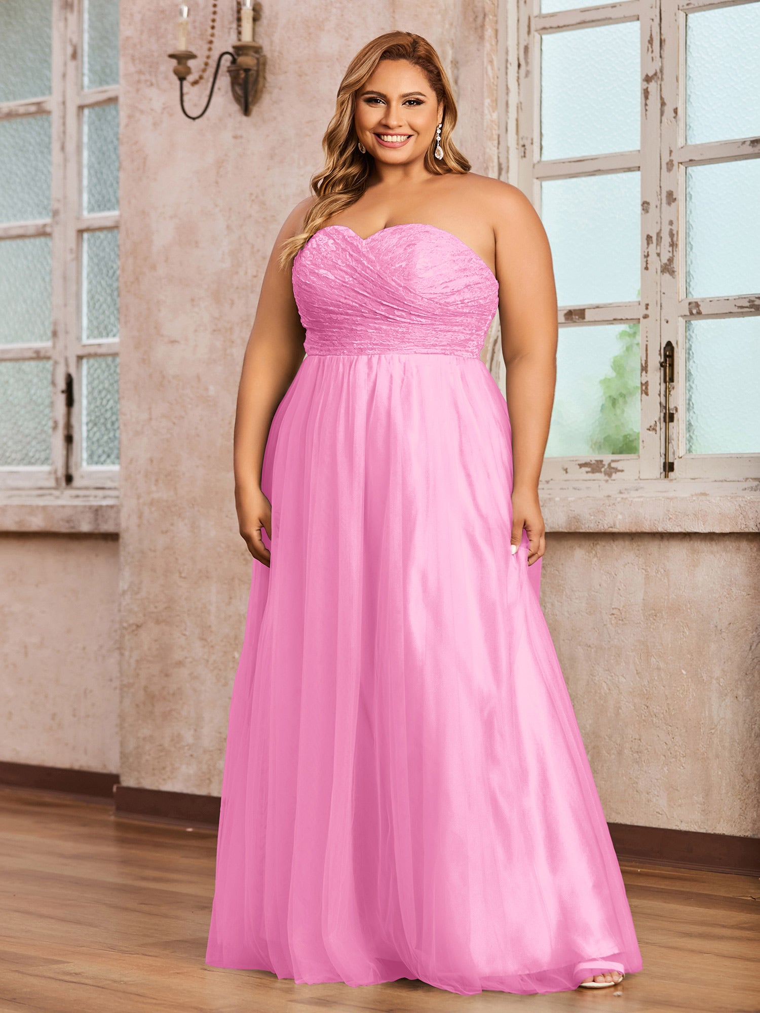 Lace and Chiffon Full Length Dress with V-neck Candy Pink Plus Size