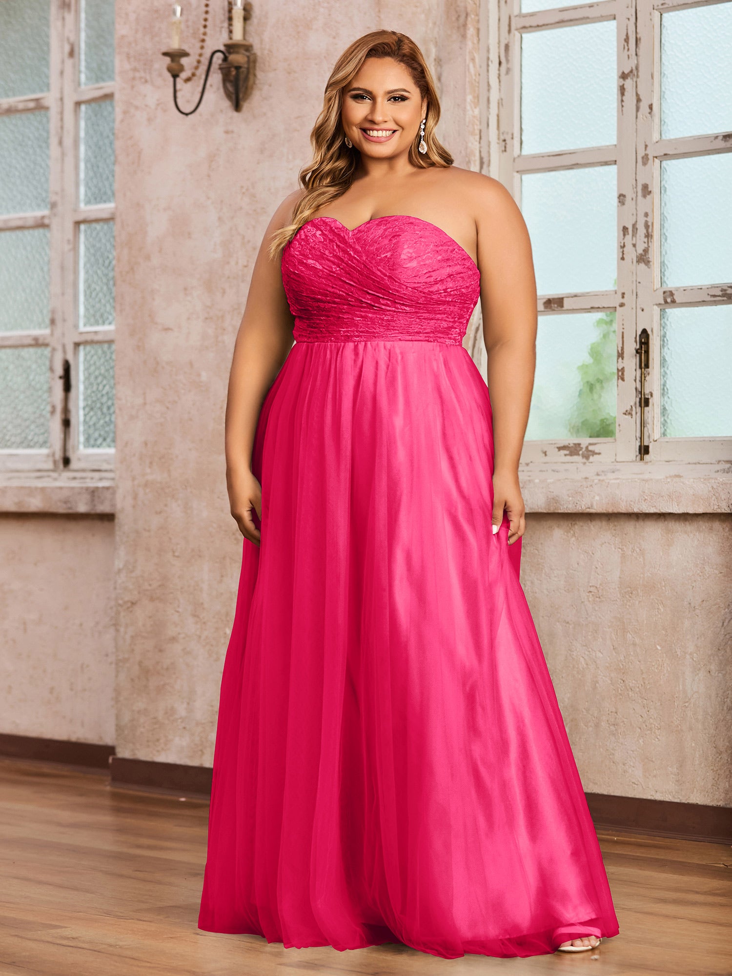 Fuchsia Plus Size Tulle Lace Bridesmaid Dress Sweetheart Neck Long Strapless Gown | BABARONI Fuchsia Plus Size Tulle Lace Bridesmaid Dress Sweetheart Neck Long Strapless Gown | BABARONI