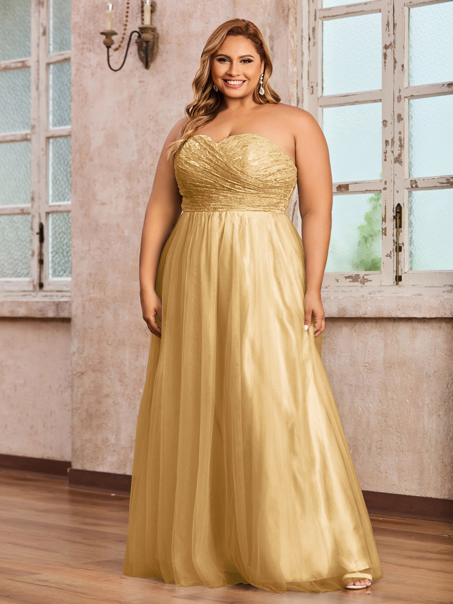Gold Plus Size Tulle Lace Bridesmaid Dress Sweetheart Neck Long Strapless Gown | BABARONI