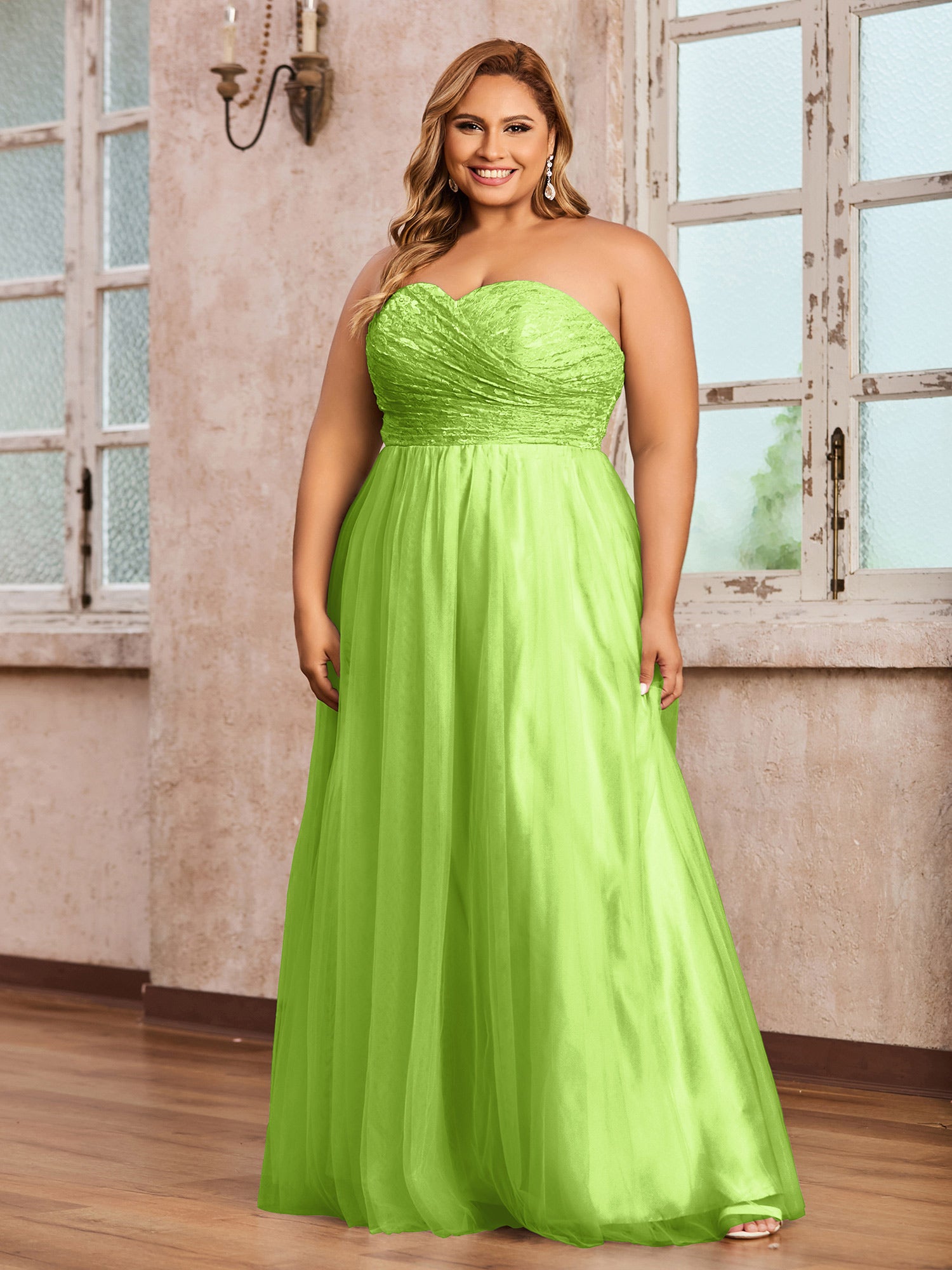 Lime Green Plus Size Tulle Lace Bridesmaid Dress Sweetheart Neck Long Strapless Gown | BABARONI Lime Green Plus Size Tulle Lace Bridesmaid Dress Sweetheart Neck Long Strapless Gown | BABARONI