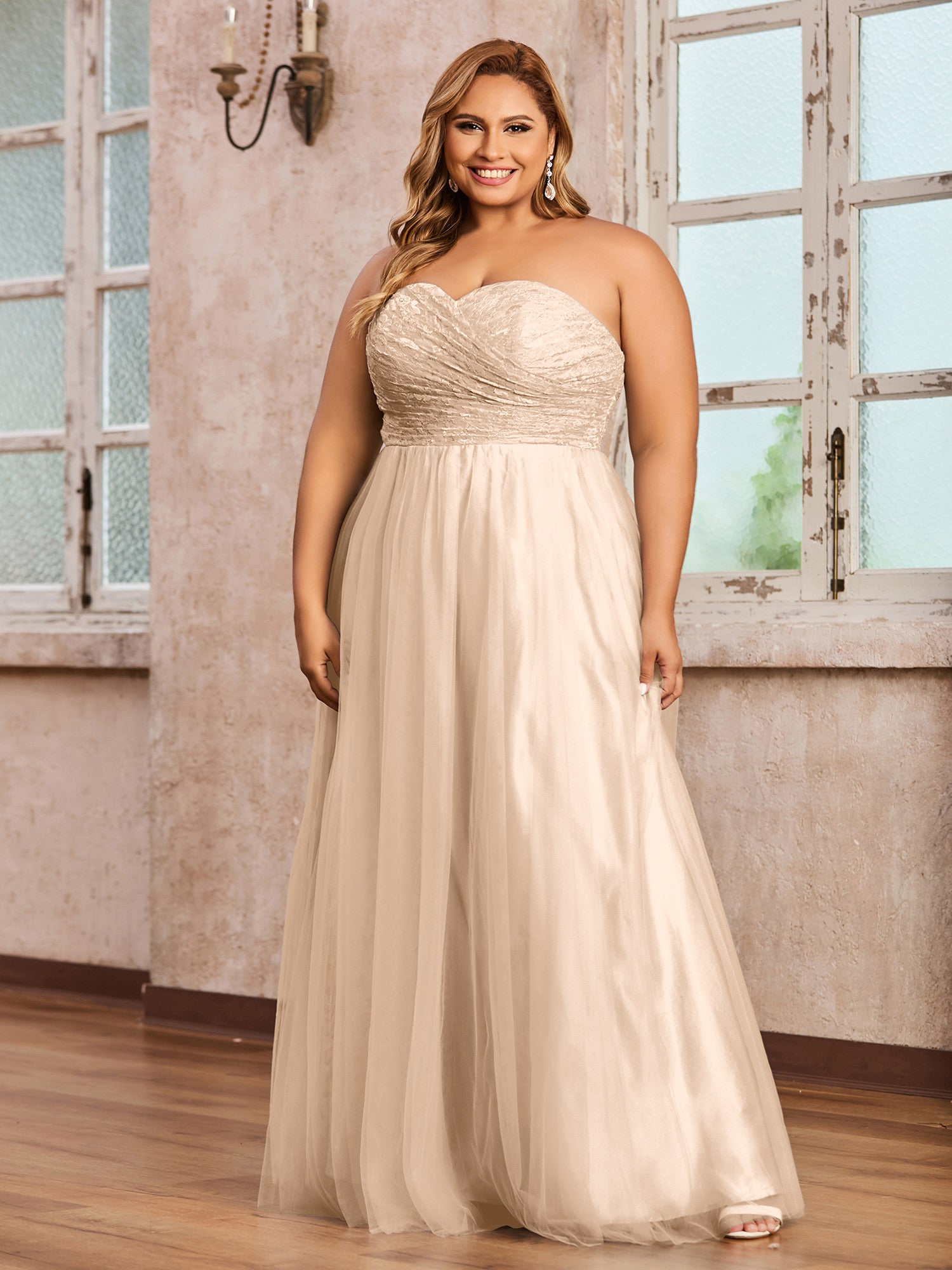 Peach Plus Size Tulle Lace Bridesmaid Dress Sweetheart Neck Long Strapless Gown