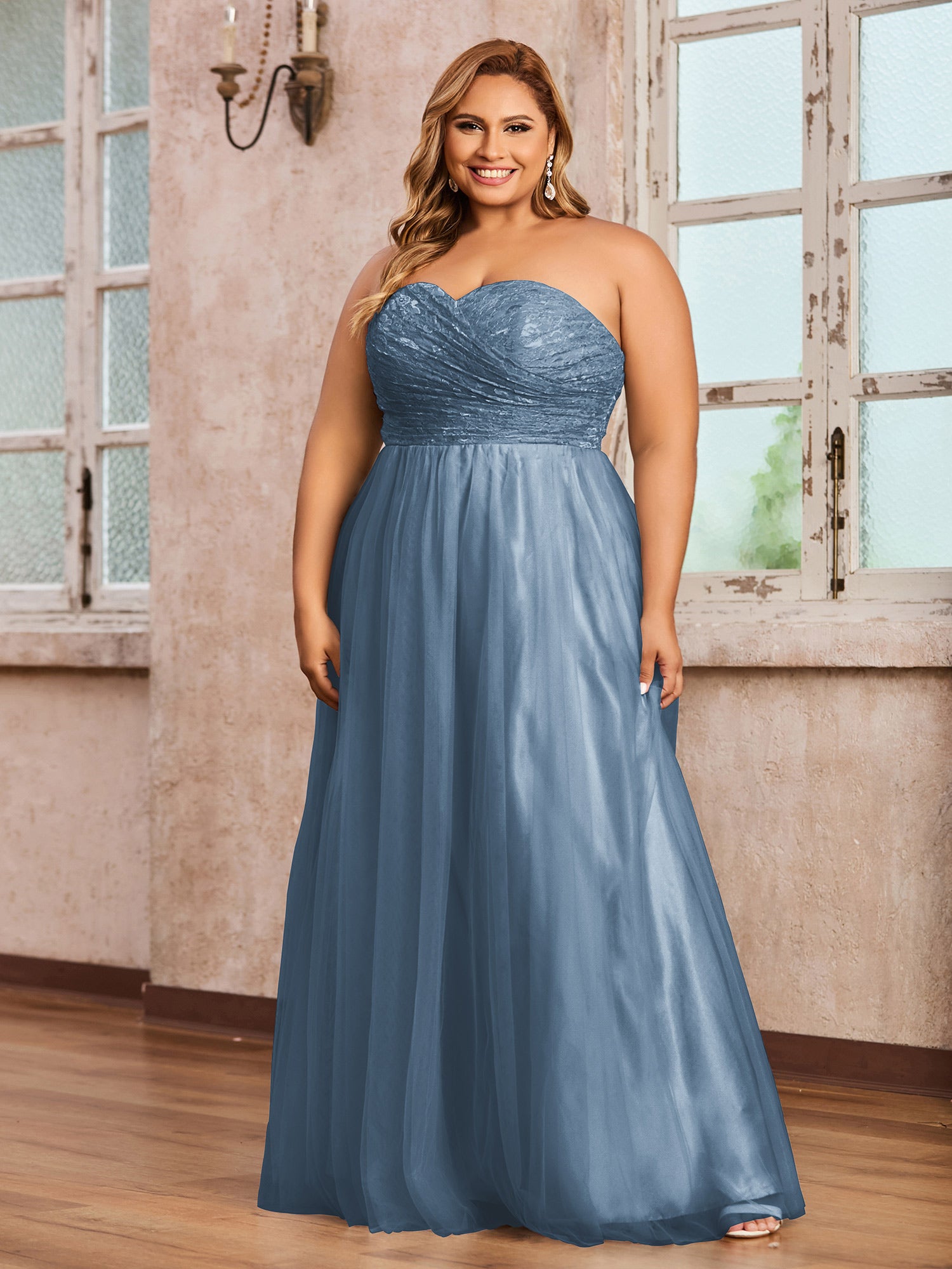 Slate Blue Plus Size Tulle Lace Bridesmaid Dress Sweetheart Neck Long Strapless Gown | BABARONI Slate Blue Plus Size Tulle Lace Bridesmaid Dress Sweetheart Neck Long Strapless Gown | BABARONI
