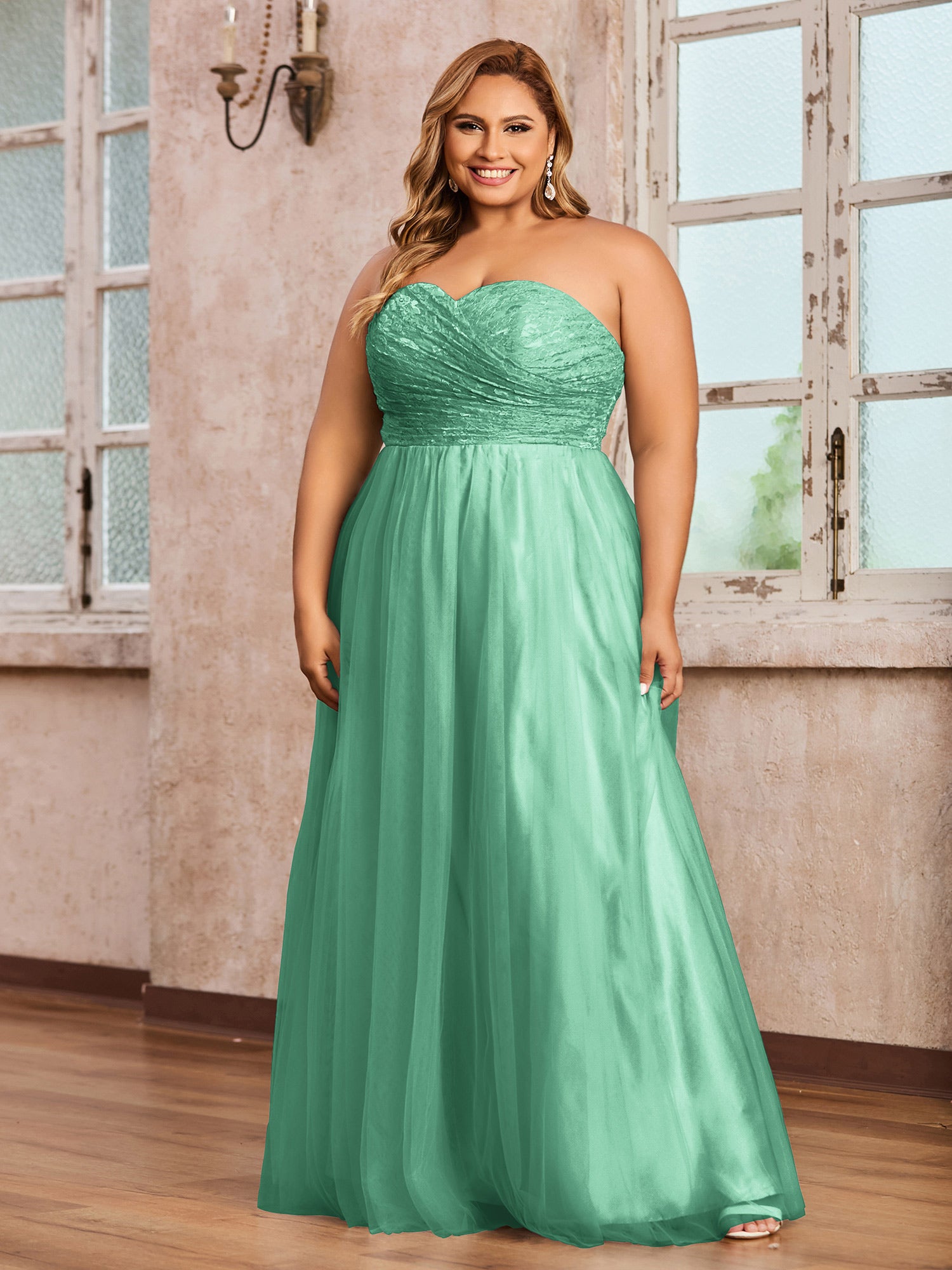 Turquoise Plus Size Tulle Lace Bridesmaid Dress Sweetheart Neck Long Strapless Gown | BABARONI Turquoise Plus Size Tulle Lace Bridesmaid Dress Sweetheart Neck Long Strapless Gown | BABARONI