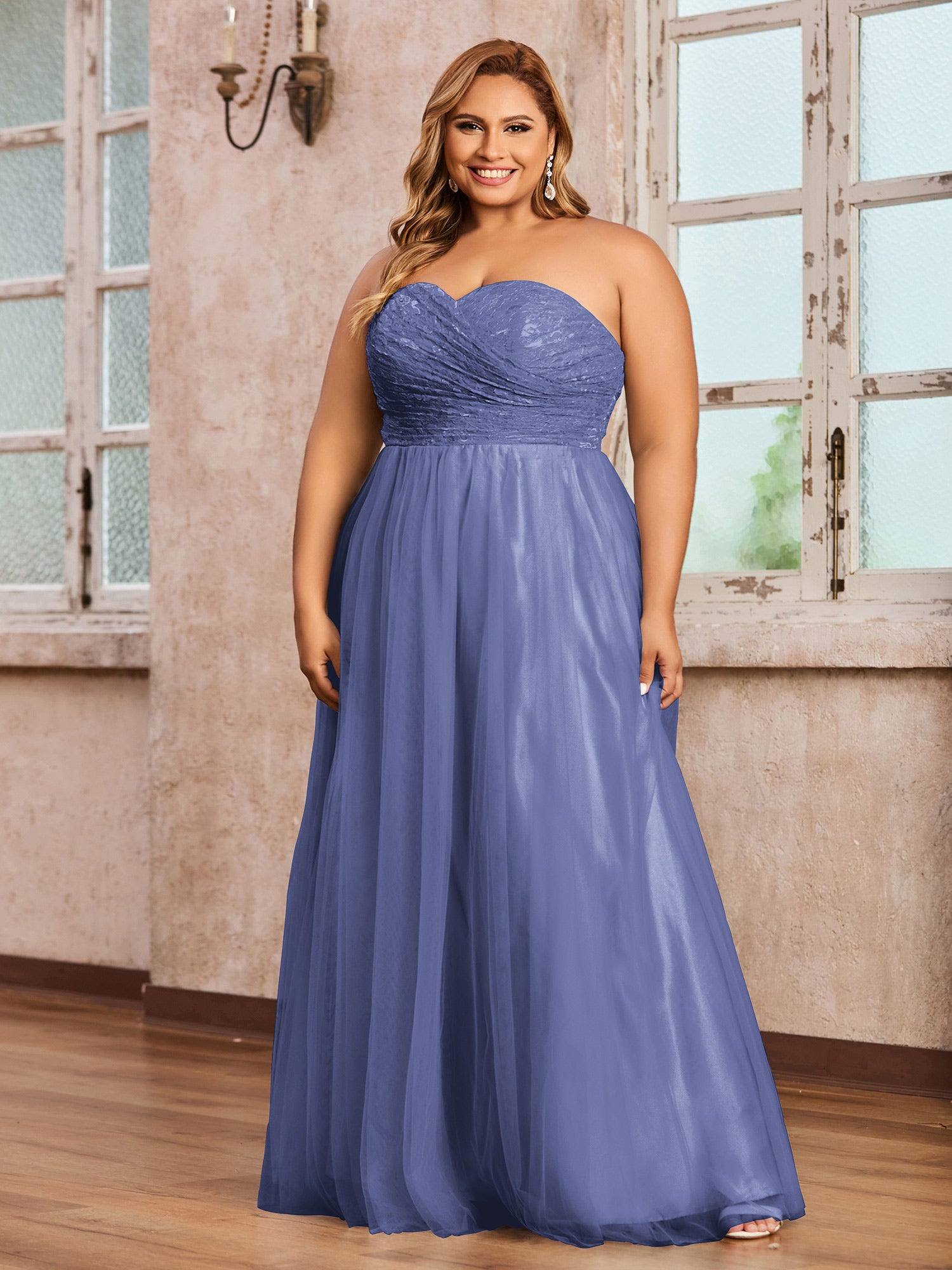 Plus Size Periwinkle Tulle Lace Bridesmaid Dress Sweetheart Neck Long Strapless Gown